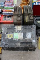 TWO METAL JERRY CANS AND A LARGE AMMO BOX