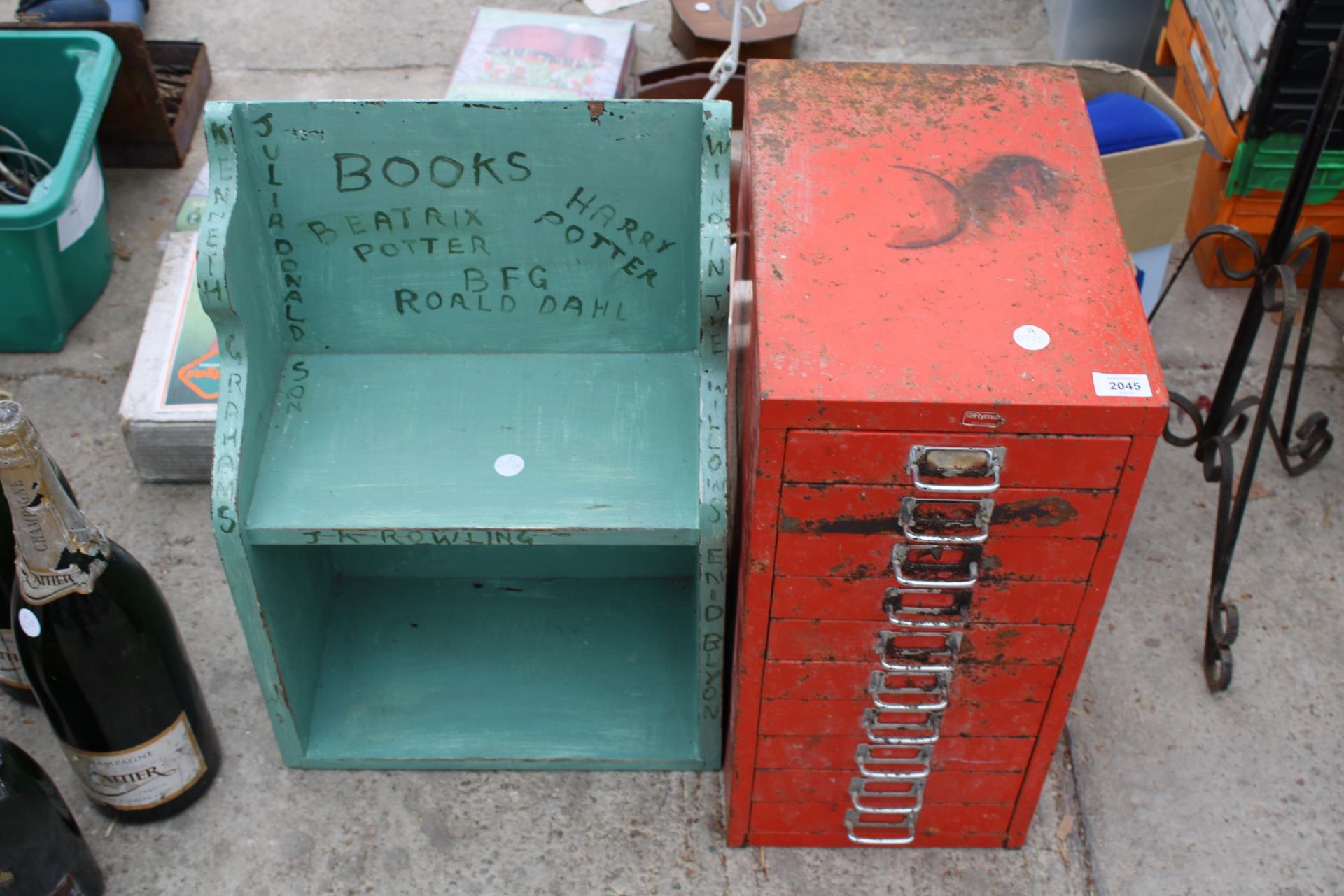 A RYMAN MINIATURE FILING CABINET AND A WOODEN BOOK SHELF