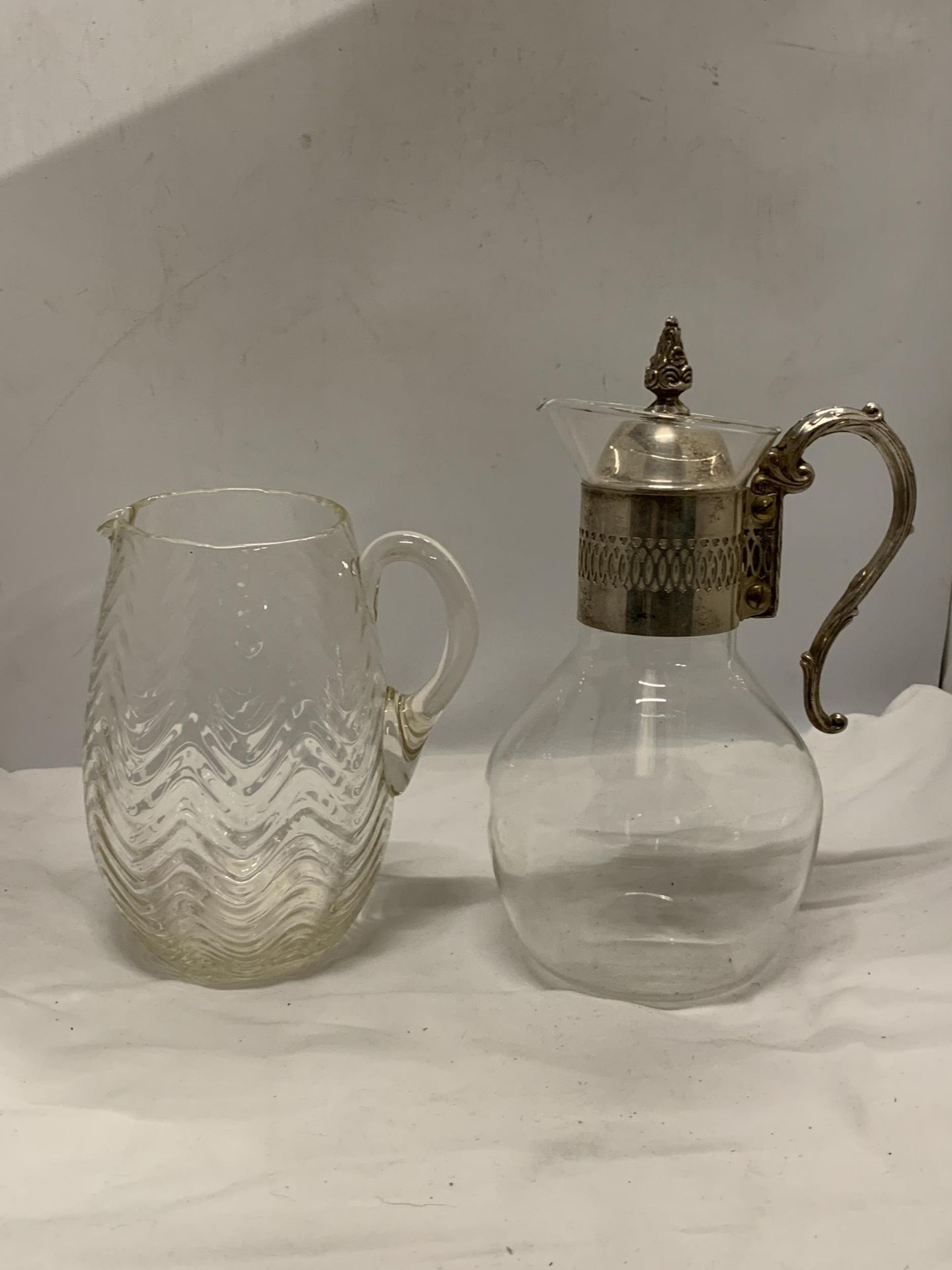 A QUANTITY OF GLASSWARE TO INCLUDE A SILVER PLATED MOUNTED CLARET JUG, JAMPOT, WATER JUGS, ETC., - Image 2 of 3