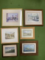 SIX FRAMED WATERCOLOURS AND PRINTS TO INCLUDE HEBDEN BRIDGE, BOATS, COUNTRY SCENES, ETC