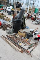 AN ASSORTMENT OF TOOLS TO INCLUDE STILSENS, CROW BARS AND HAMMERS ETC