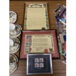 TWO FRAMED FAMILY HISTORY DOCUMENTS FOR THE NAME 'ELKINS' PLUS A SET OF FOUR HERALDRY STAMPS