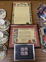TWO FRAMED FAMILY HISTORY DOCUMENTS FOR THE NAME 'ELKINS' PLUS A SET OF FOUR HERALDRY STAMPS