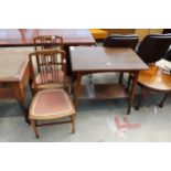 AN EARLY 20TH CENTURY OAK TWO TIER CENTRE TABLE, 30" X 20" AND A PAIR OF EDWARDIAN BEDROOM CHAIRS
