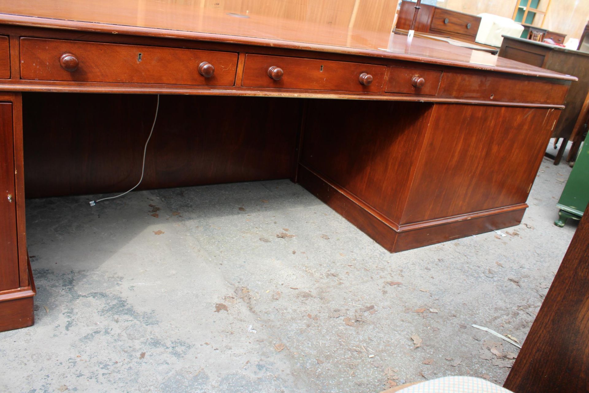 A MODERN PARTNERS/BANKERS DESK ENCLOSING SEVERAL DRAWERS, CUPBOARD AND WIRE DIRECTOR, 99" X 33" - Image 6 of 7