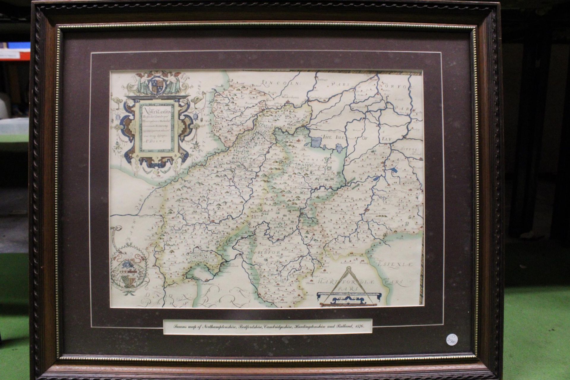 A FRAMED SAXONS MAP OF NORTHAMPTONSSHIRE, BEDFORDSHIRE, CAMBRIDGESHIRE, HUNTINGDONSHIRE AND RUTLAND,