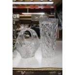 TWO PIECES OF CUT GLASS TO INCLUDE A VASE AND A BASKET