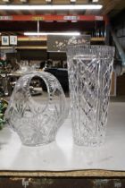 TWO PIECES OF CUT GLASS TO INCLUDE A VASE AND A BASKET