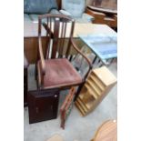 AN EDWARDIAN MAHOGANY CARVER CHAIR, OAK PANEL WITH COAT HOOKS, FOLDING SEWING CONTAINER AND WOODEN