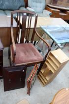 AN EDWARDIAN MAHOGANY CARVER CHAIR, OAK PANEL WITH COAT HOOKS, FOLDING SEWING CONTAINER AND WOODEN