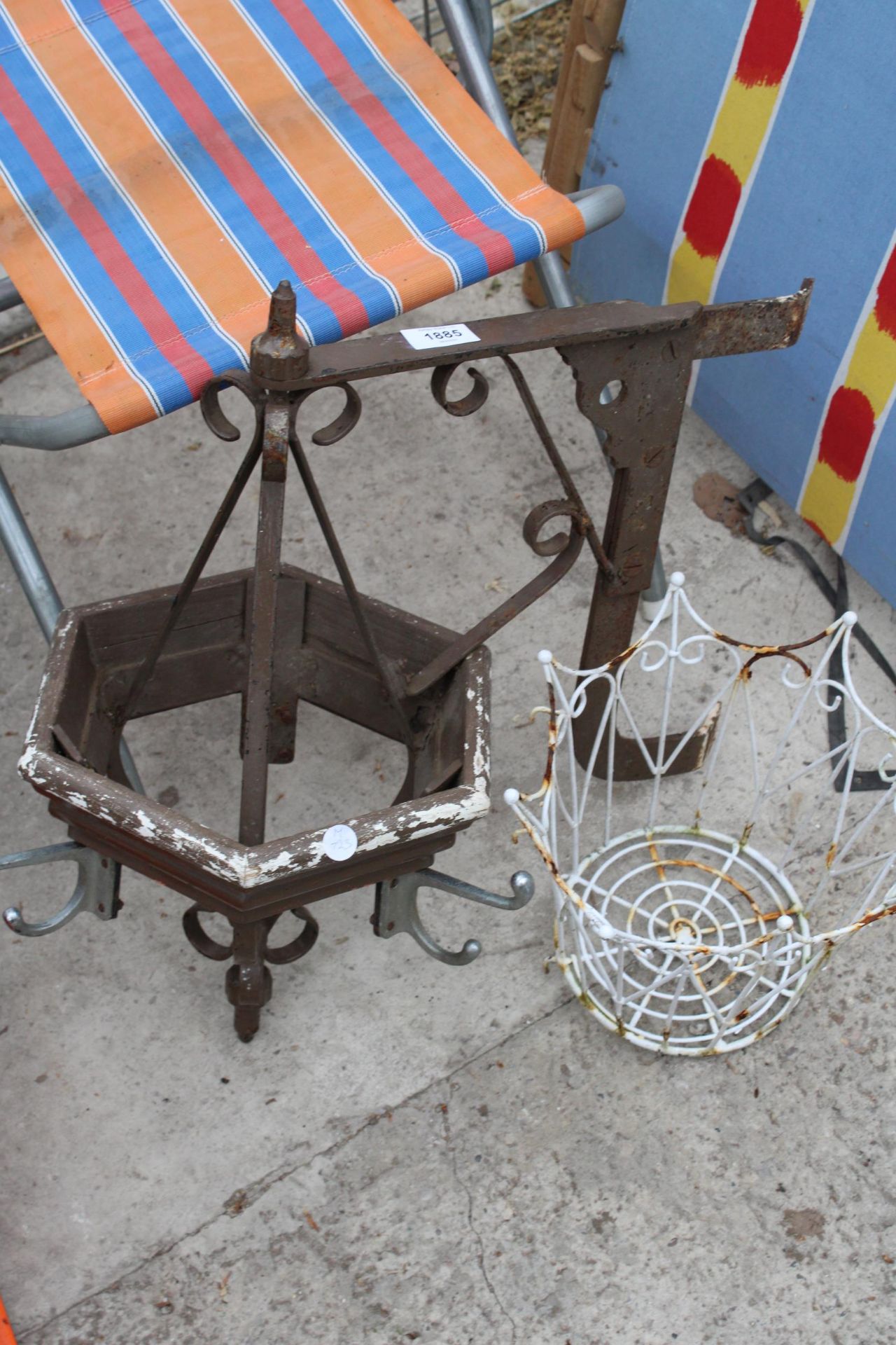 A FOLDING CHAIR, A HANGING BRACKET AND A WIRE PLANTER - Image 2 of 2