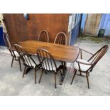 AN ERCOL BLUE LABEL ELM AND BEECH REFECTORY STYLE DINING TABLE, 60" X 30" AND SIX QUAKER DINING