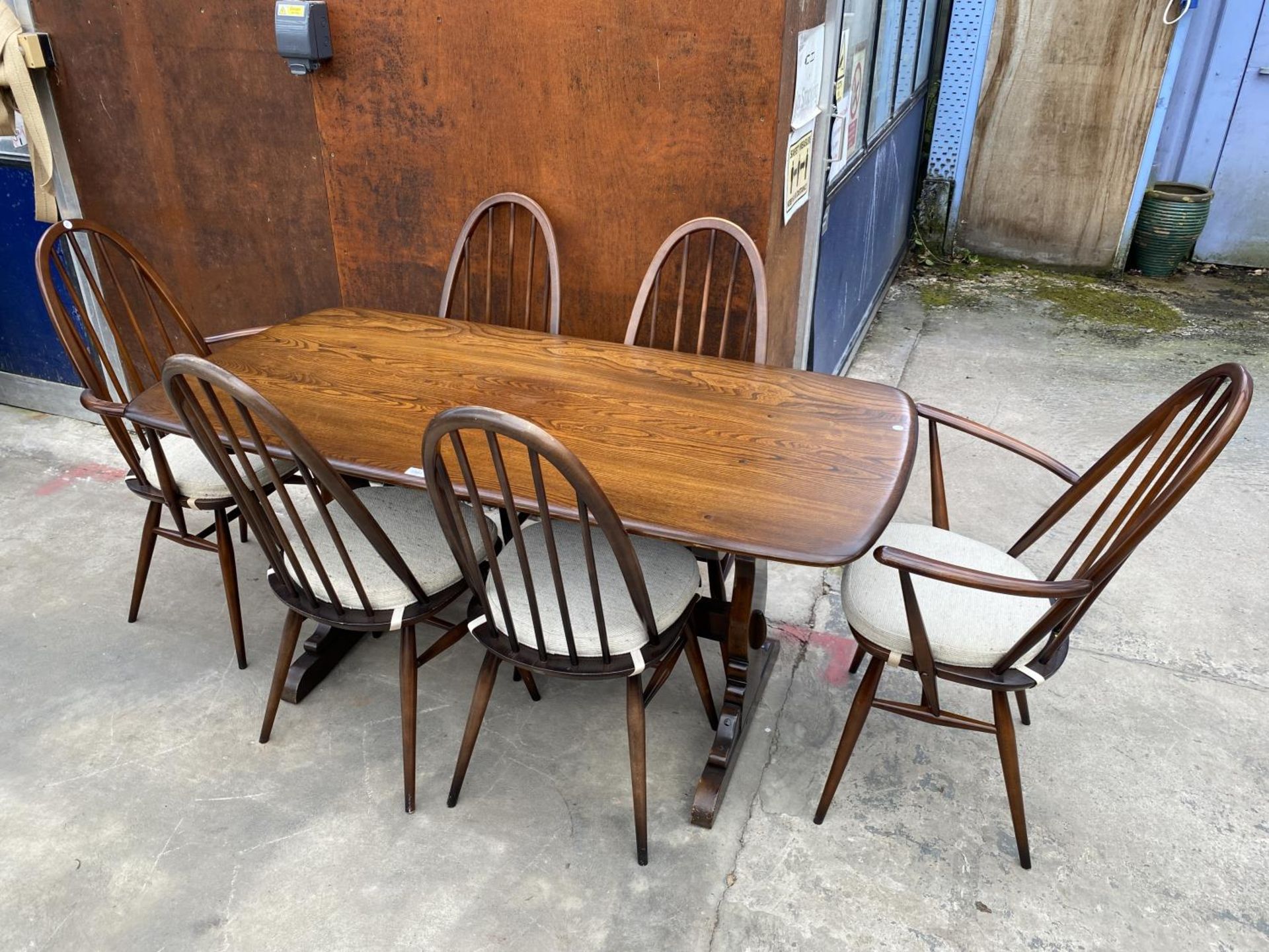 AN ERCOL BLUE LABEL ELM AND BEECH REFECTORY STYLE DINING TABLE, 60" X 30" AND SIX QUAKER DINING