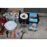 AN ASSORTMENT OF ITEMS TO INCLUDE A DIGITAL SAFE, MUSICAL INSTRUMENTS AND A COOKING POT ETC