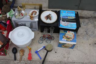 AN ASSORTMENT OF ITEMS TO INCLUDE A DIGITAL SAFE, MUSICAL INSTRUMENTS AND A COOKING POT ETC