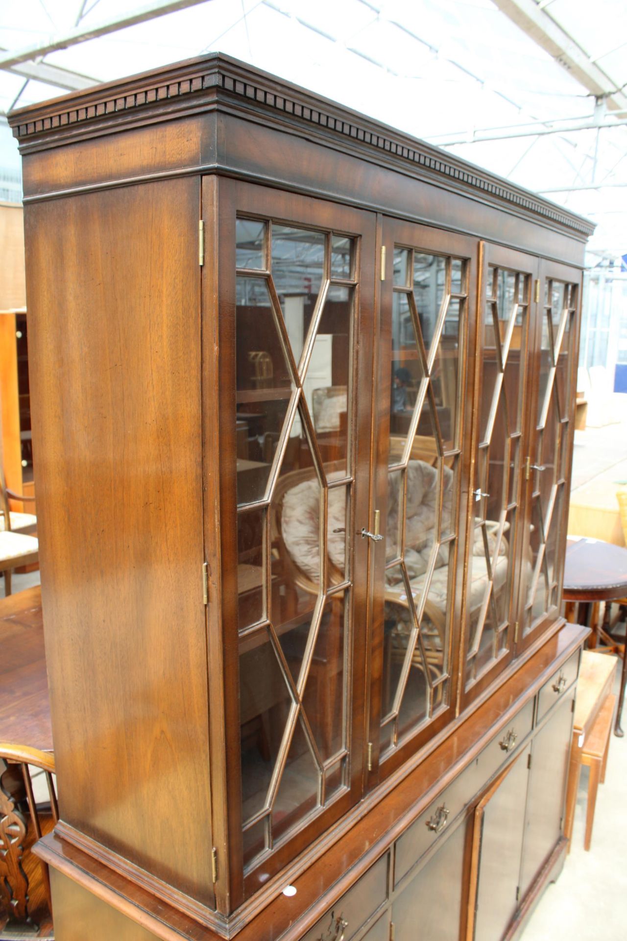 A MAHOGANY AND INLAID FOUR DOOR ASTRAGAL GLAZED BOOKCASE ON BASE ENCLOSING THREE DRAWERS AND FOUR - Image 2 of 4