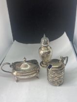 TWO HALLMARKED SILVER POTS (ONE WITH BLUE GLASS LINER) AND A HALLMARKED LONDON PEPPER POT GROSS