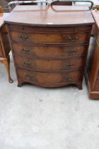 A 19TH CENTURY STYLE BOW FRONTED CHEST OF FOUR GRADUATED DRAWERS WITH SLIDE, 30" WIDE