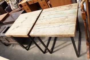 TWO RUSTIC FOUR PLANK TABLES, 27" SQUARE ON METAL LEGS