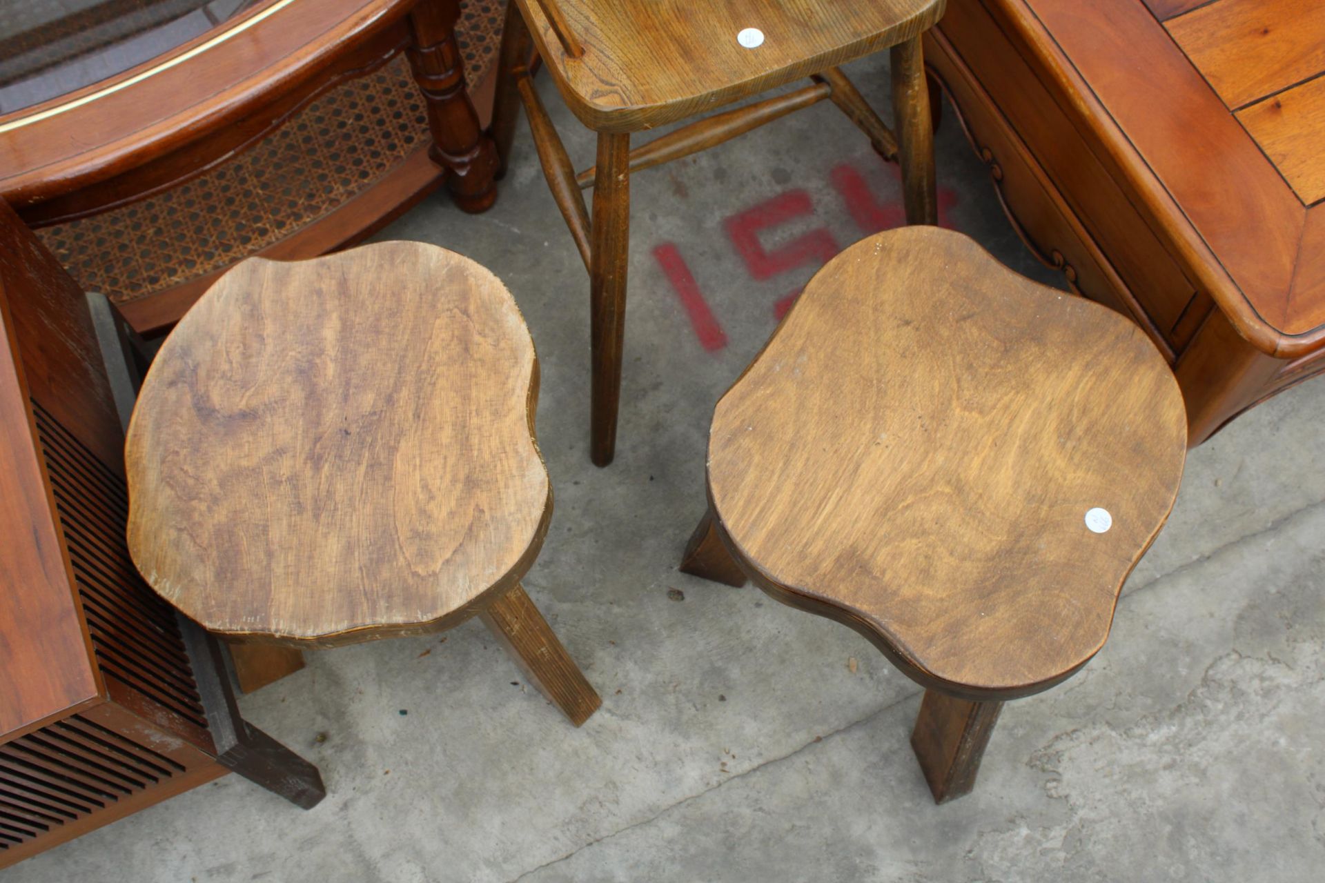 AN ELM AND BEECH HIGH BACK CHILDS STOOL AND A PAIR OF RUSTIC STYLE STOOLS - Image 2 of 3