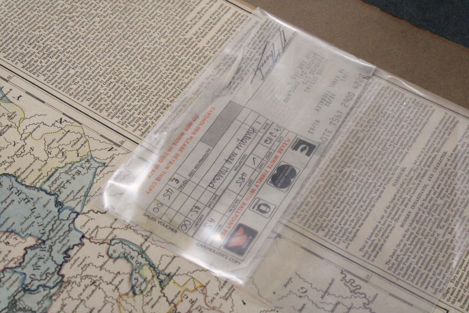 AN ANTIQUE MAP OF THE NETHERLANDS, BOUGHT FROM HARRODS IN 1982, WITH RECEIPT FOR PURCHASE PRICE - Image 3 of 4