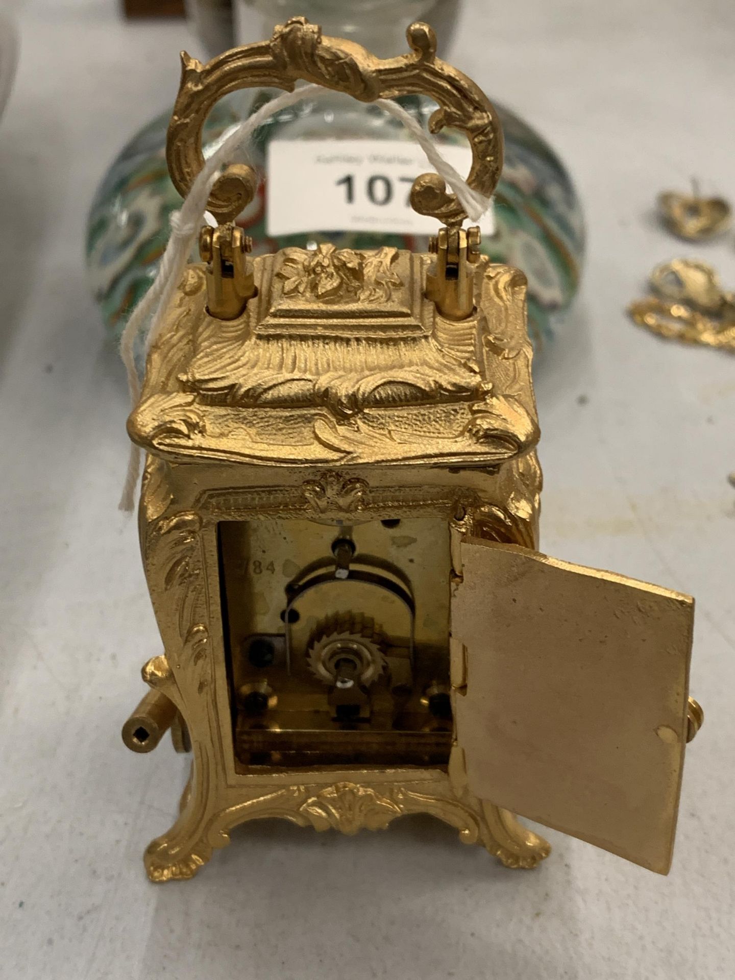 A MINIATURE GILDED FRENCH CLOCK WITH KEY HEIGHT 3.5" SEEN WORKING BUT NO WARRANTY - Image 3 of 3