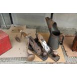TWO VINTYAGE WOOD PLANES, A BRACE DRILL AND AN OIL JUG