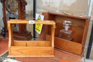 TWO WOODEN DECANTER TANTALUS BOTH COMPLETE WITH KEYS AND ONE GLASS DECANTER