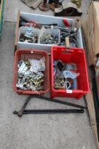 AN ASSORTMENT OF HARDWARE TO INCLUDE DOOR HINGES AND BOLTS ETC