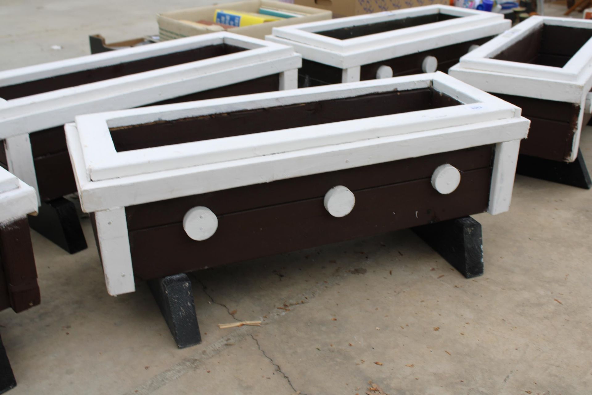 TWO WOODEN PAINTED TROUGH PLANTERS - Image 2 of 2