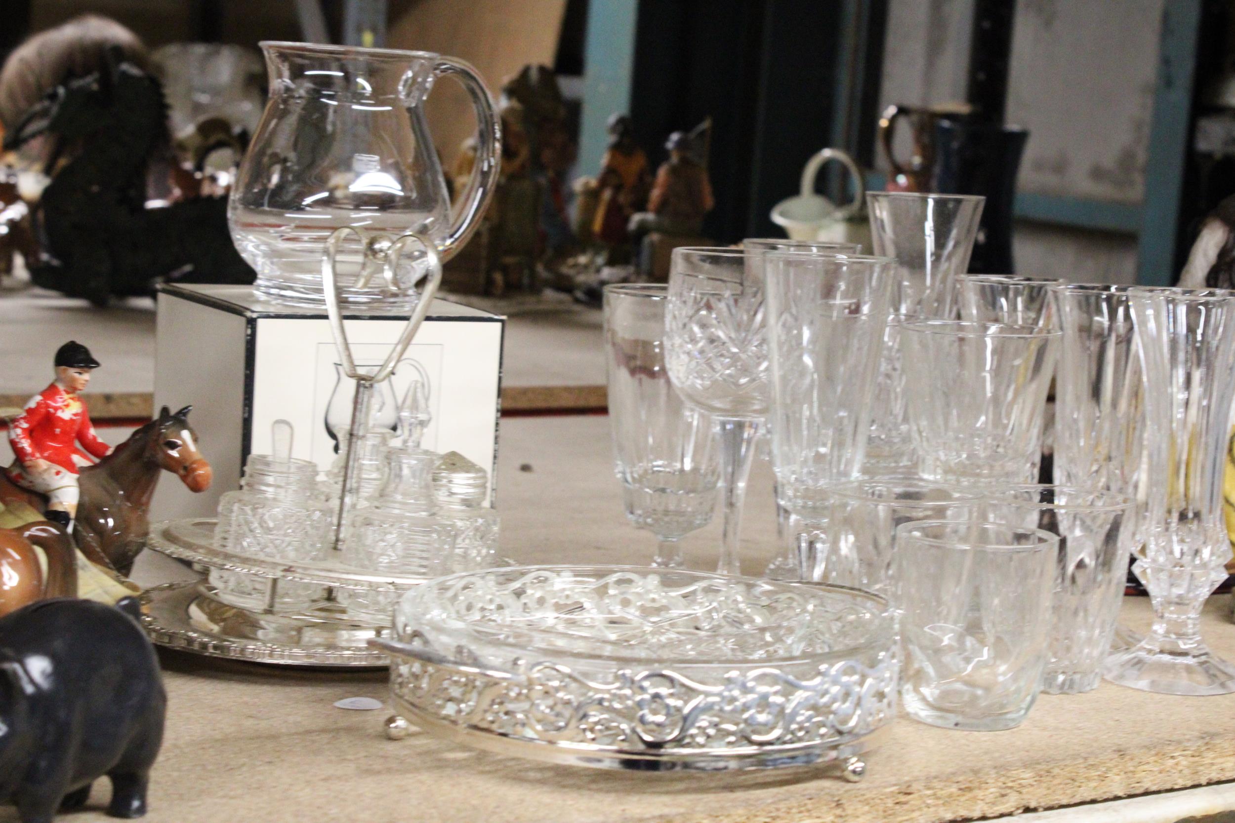 A QUANTITY OF GLASSWARE TO INCLUDE A SILVER PLATED STAND WITH CONDIMENTS, A BOXED WEDGWOOD ' - Image 6 of 6