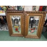 TWO OAK FRAMED DECORATIVE MIRRORS WITH FLOWERS AND BUTTERFLIES 20" X 33"