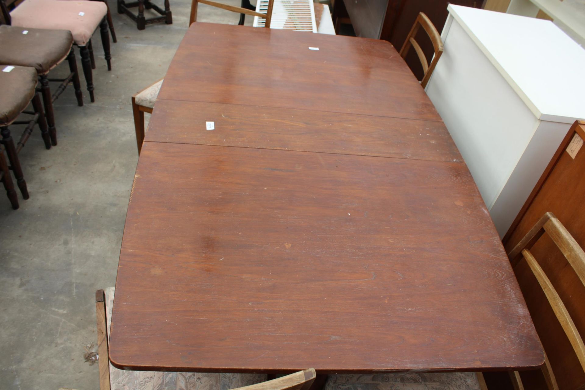 A RETRO TEAK DROP-LEAF DINING TABLE, 59" X 36" OPENED AND FOUR LADDER-BACK DINING CHAIRS - Image 3 of 3