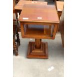 AN EARLY 20TH CENTURY MAHOGANY TWO TIER TABLE, 15" SQUARE ON STEPPED PEDESTAL BASE