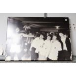 A 1963 BEATLES PLATE PLUS CANVAS PHOTO OF THE BEATLES AND MUHAMMAD ALI - APPROXIMATELY 50 CM X 70 CM