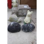 FIVE CONCRETE GARDEN FIGURES TO INCLUDE A JEEP AND A PIG ETC