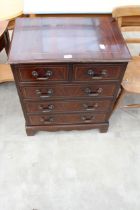 A MODERN MAHOGANY AND INLAID CHEST OF TWO SHORT AND THREE LONG DRAWERS, 25" WIDE