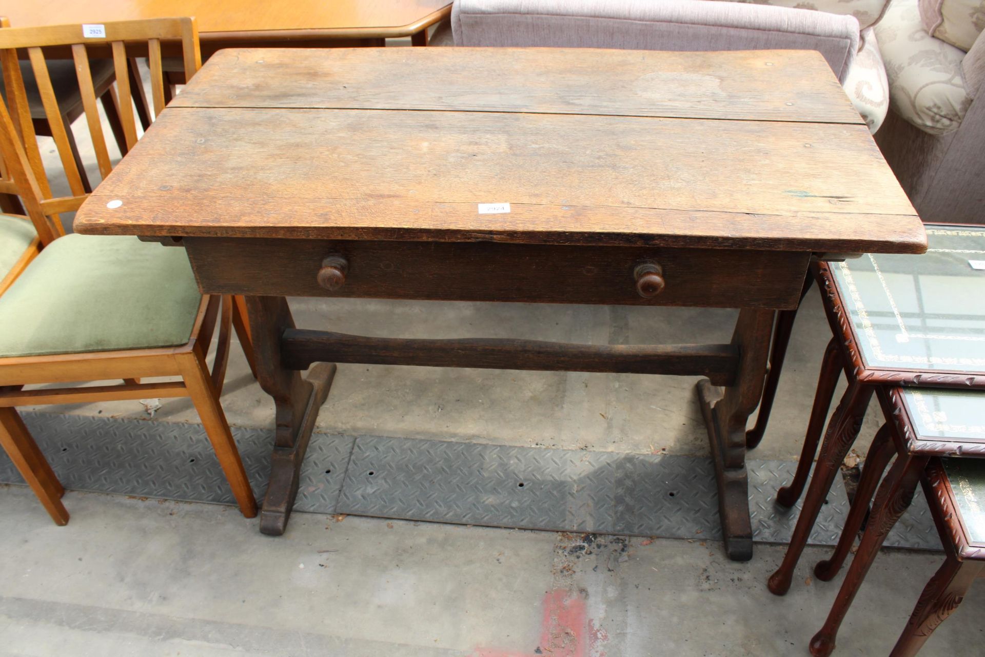 AN OAK 18TH CENTURY STYLE PEDESTAL SIDE-TABLE WITH SINGLE DRAWER, 42" X 23"