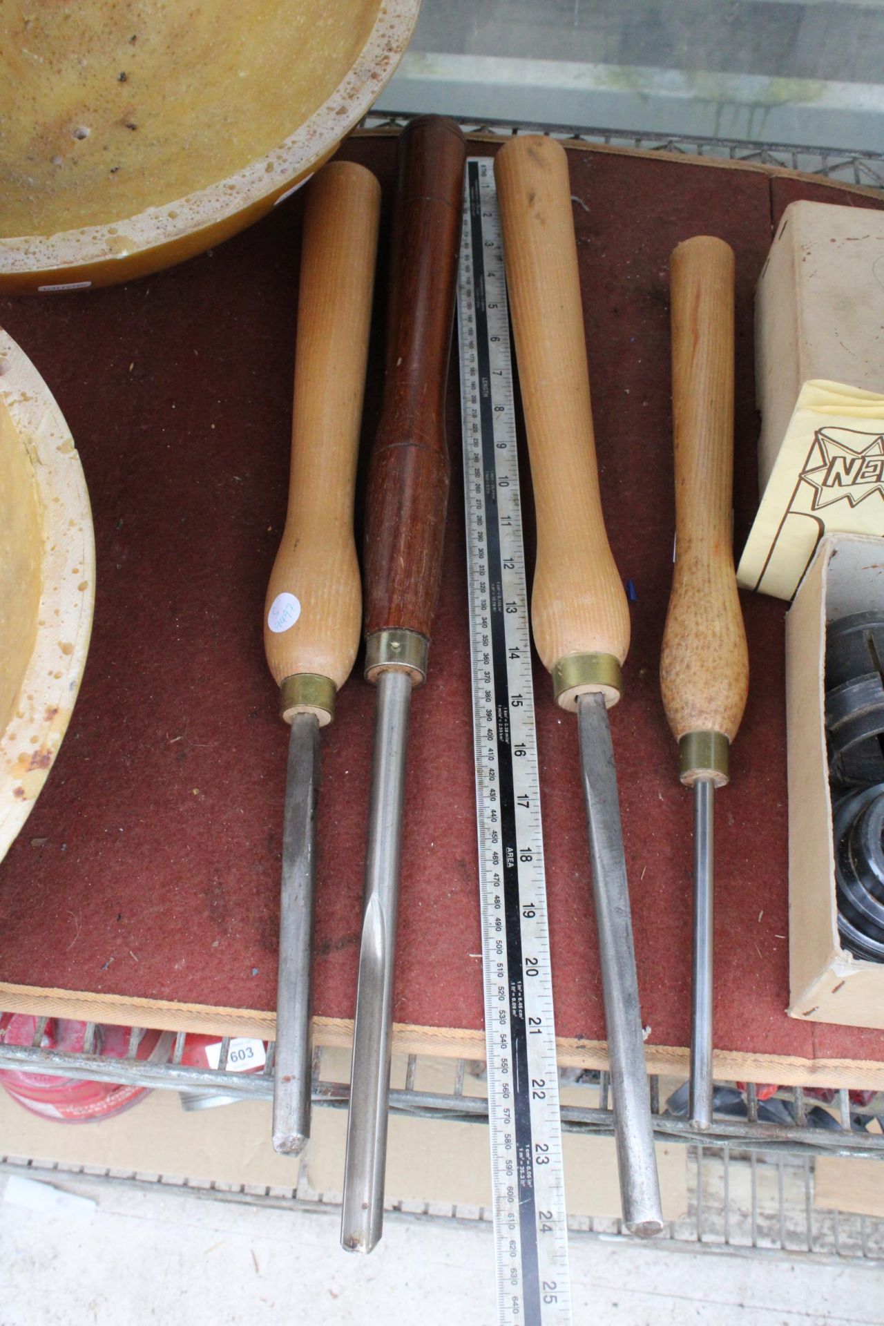 FOUR LARGE WOODEN HANDLED LATHE TOOLS AND CHISELS - Image 2 of 2