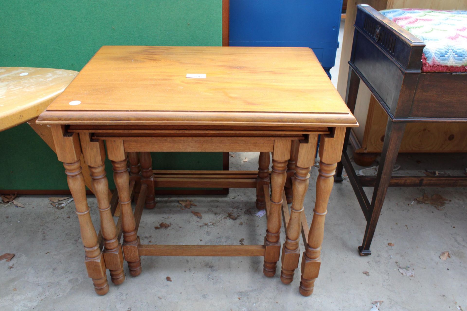 A NEST OF THREE TABLES, FOLDING CARD TABLE AND A MODERN ELM STOOL - Image 2 of 4