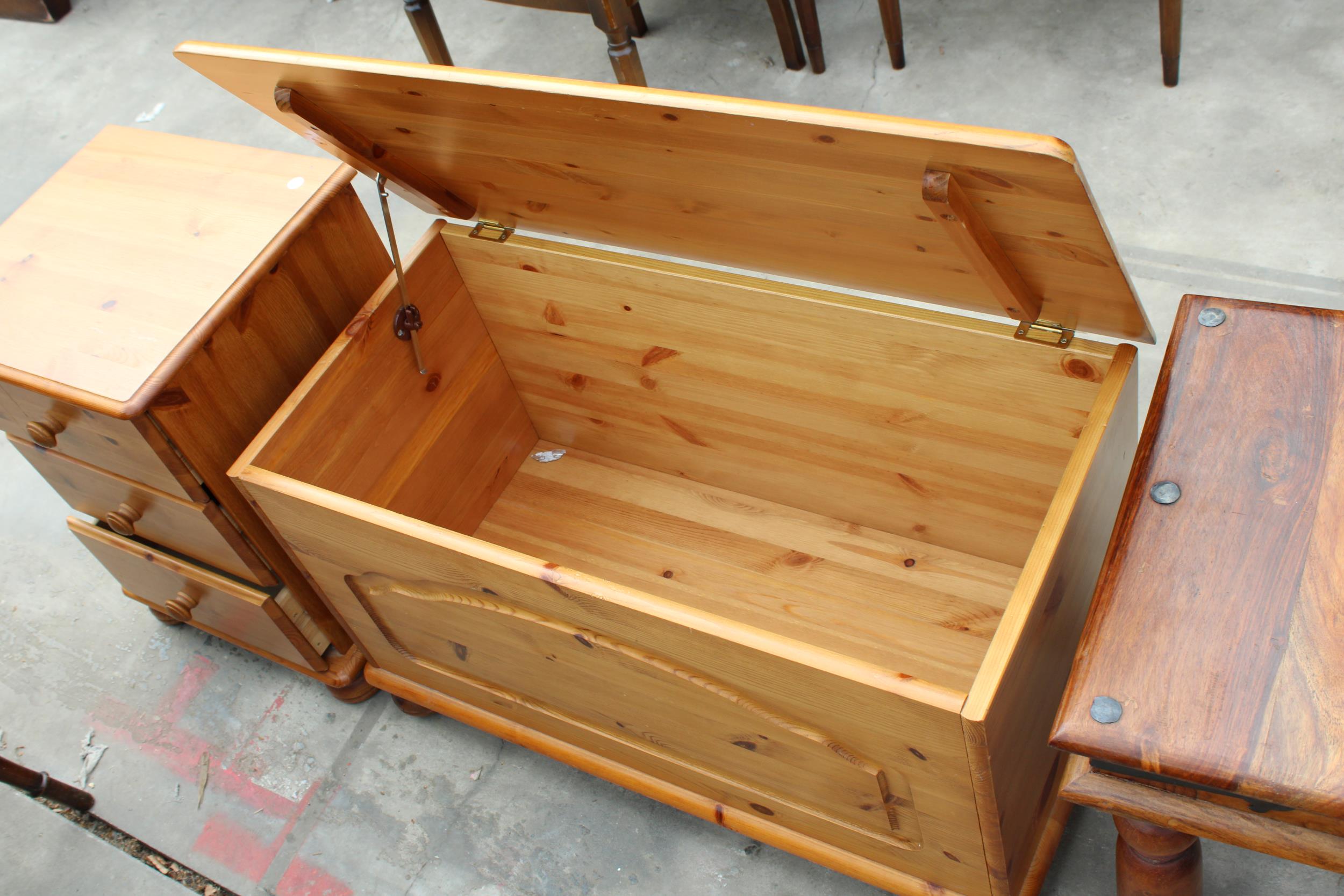A HARDWOOD LAMP TABLE, MODERN PINE BLANKET CHEST AND THREE DRAWER BEDSIDE CHEST - Image 3 of 3