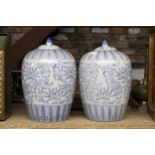 A PAIR OF LARGE BLUE AND WHITE LIDDED JARS, HEIGHT APPROX 32CM