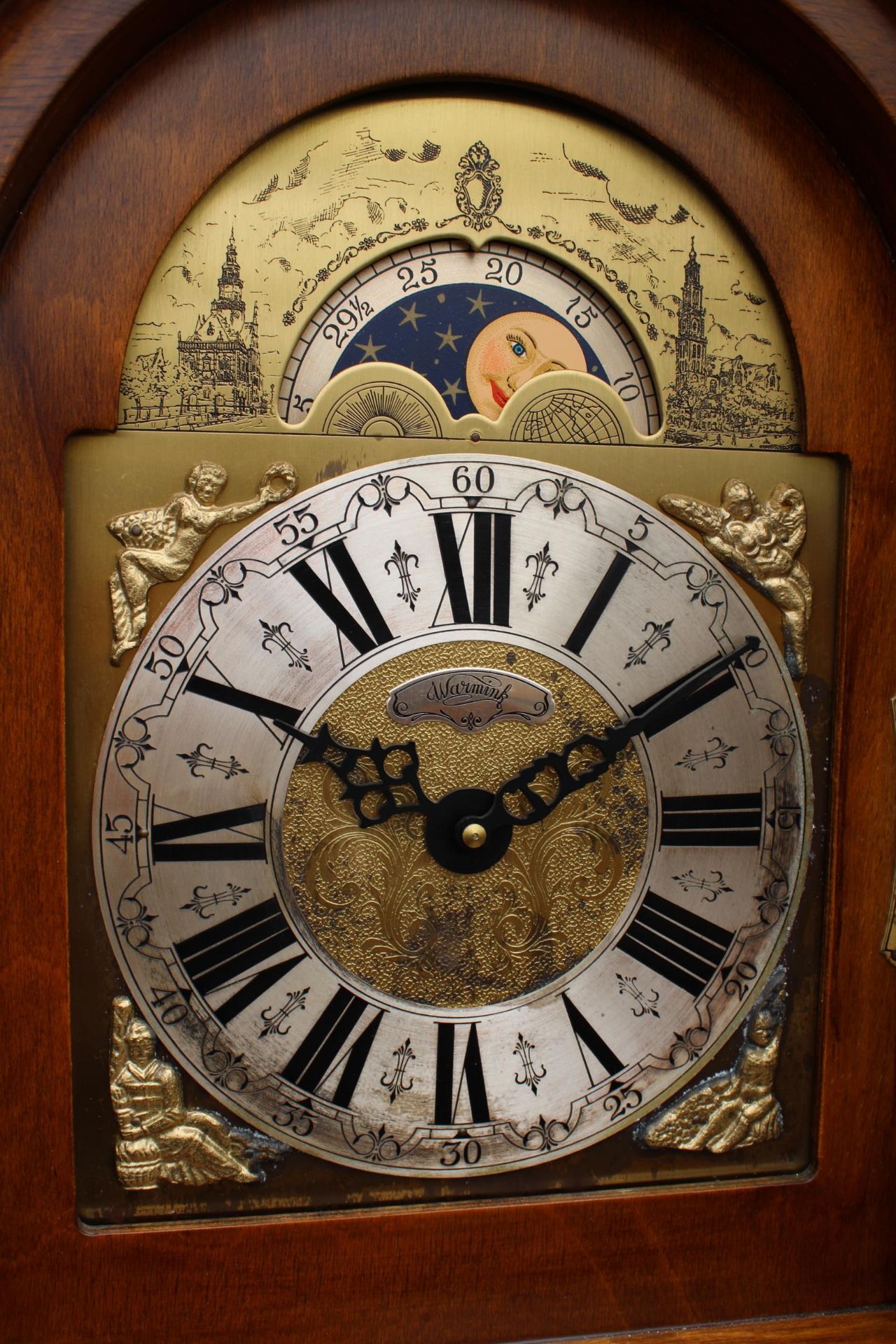 A MODERN WALNUT GRANDMOTHER CLOCK WITH ROLLING MOON BY WARMINK AFTER CORNELUS UYLERWEER - Image 3 of 8