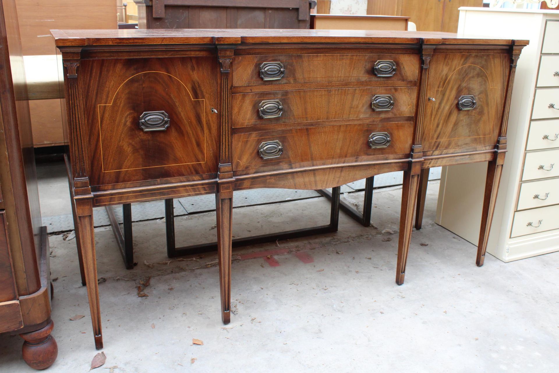 A REGENCY STYLE, MAHOGANY CROSSBANDED AND INLAID SIDEBOARD ON TAPERING LEGS, 63" WIDE - Image 2 of 8