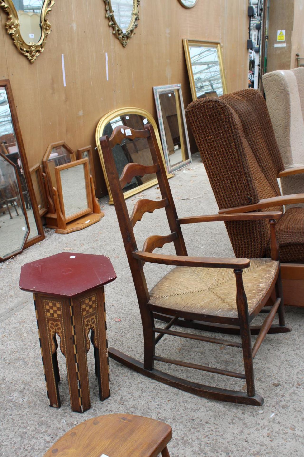 A BEECH FRAMED LADDER BACK ROCKING CHAIR AND A MOORISH STYLE HEXAGONAL TABLE - Image 3 of 3
