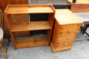 A MODERN PINE TWO DRAWER FILING CHEST AND OPEN PINE BOOKCASE