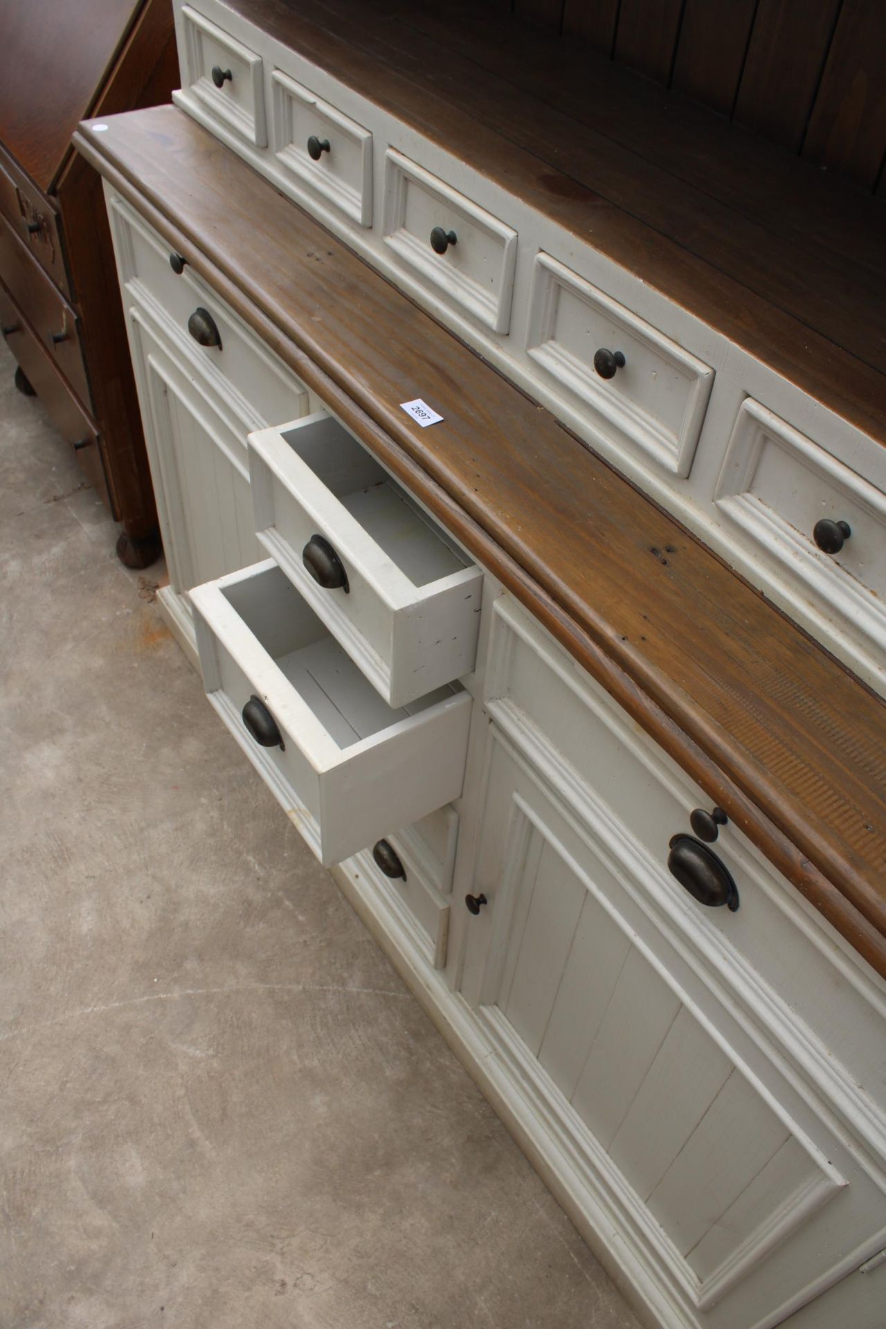A MODERN PAINTED DRESSER, THE UPPER PORTION ENCLOSING TWO GLAZED CUPBOARDS AND SIX SPICE DRAWERS, - Image 5 of 7