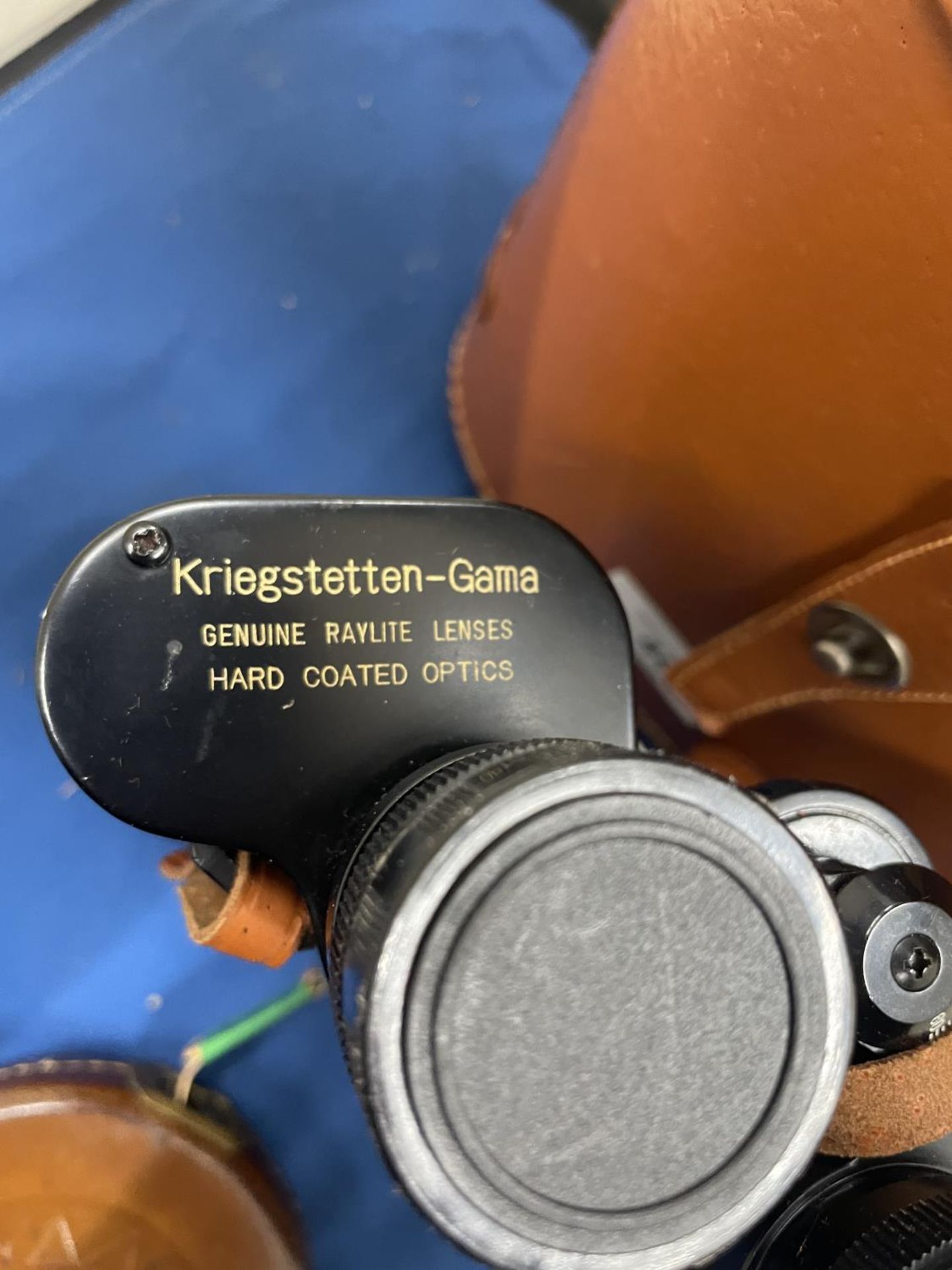 A PAIR OF KRIEGSTETTEN - GAMA BINOCULARS IN A LEATHER CASE WITH A VINTAGE LEATHER TAPE MEASURE - Image 6 of 8