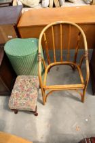 A LLOYD LOOM LINEN BASKET, SMALL CABRIOLE LEG STOOL AND A BENTWOOD CHAIR
