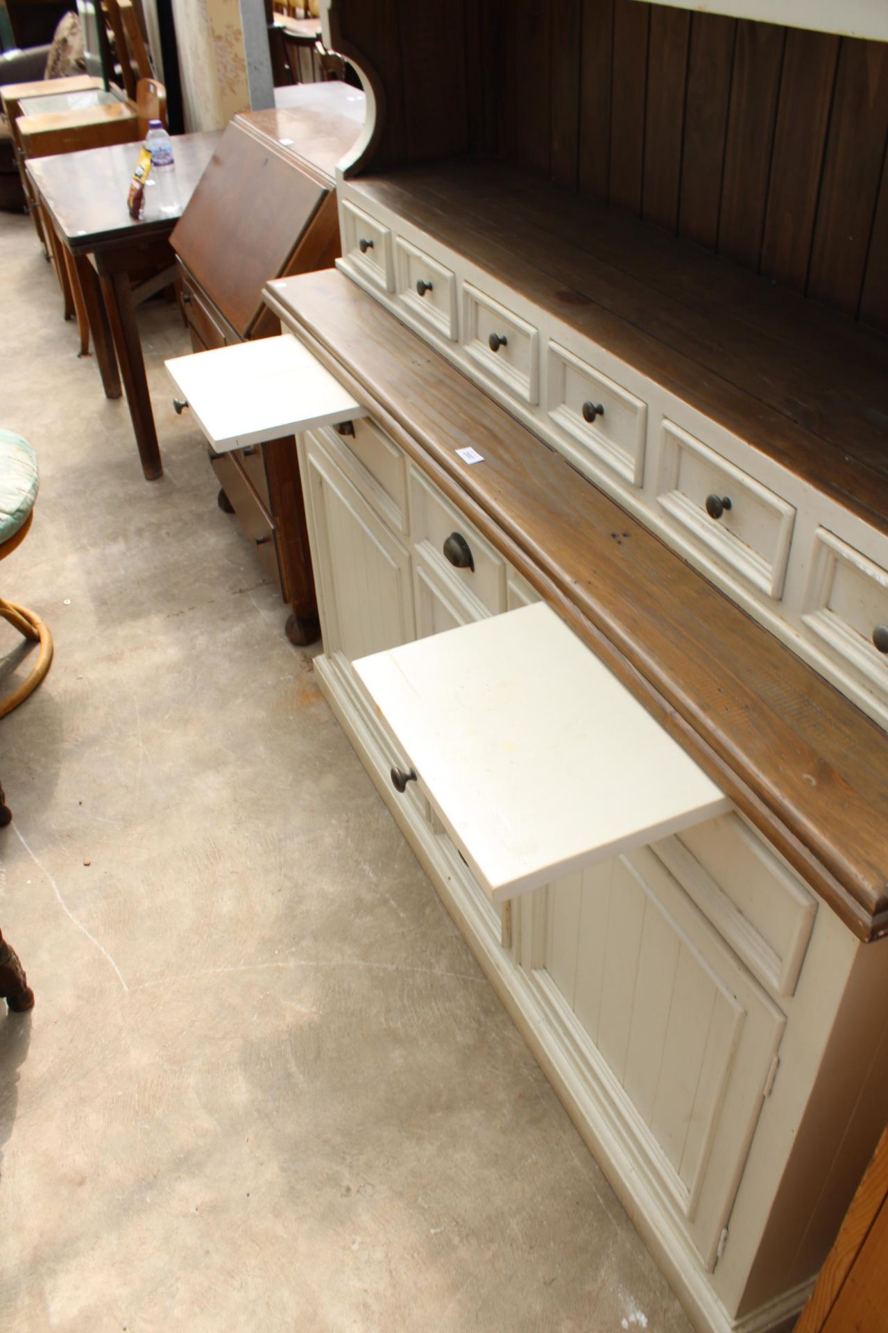 A MODERN PAINTED DRESSER, THE UPPER PORTION ENCLOSING TWO GLAZED CUPBOARDS AND SIX SPICE DRAWERS, - Image 4 of 7